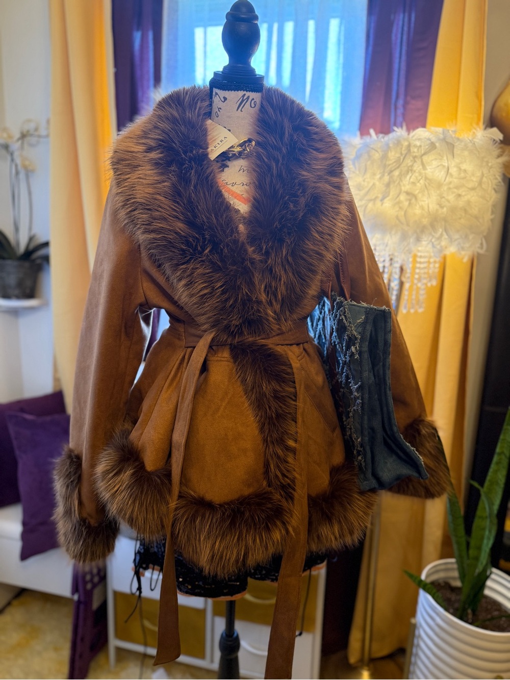 AKIRA Brown Faux Fur Trim Suede Trench Coat
